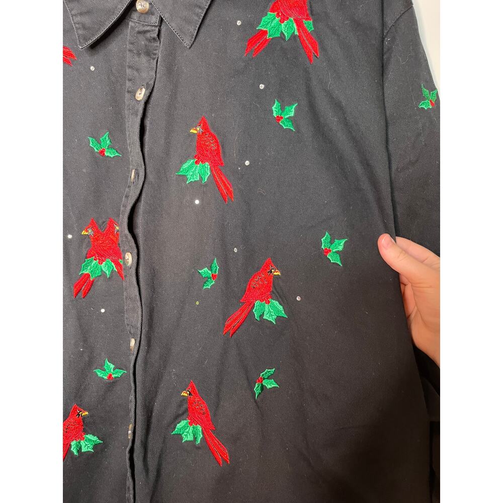 2000s Quacker Factory Christmas Holly Holiday Cardinals Festive Sparkle Shirt 3X - Picture 3 of 6